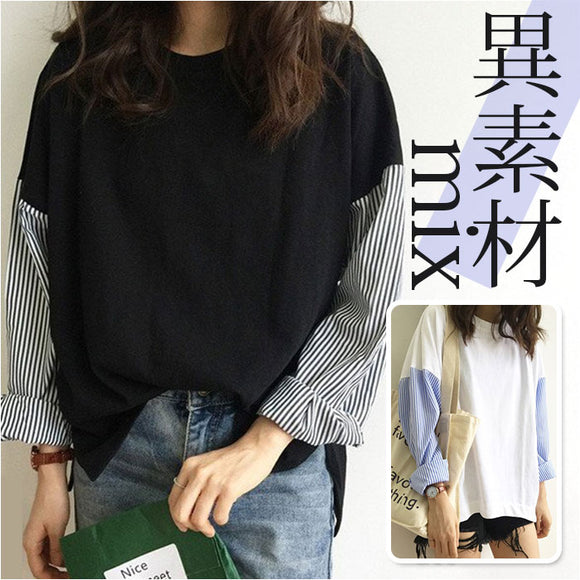 トップス レディース 長袖 通販 カットソー Tシャツ シャツ ブラウス プルオーバー 切り替え 異素材 春 ラウンドネック カジュアル きれいめ 重ね着風 レイヤード風 ドッキング ゆったり