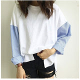 トップス レディース 長袖 通販 カットソー Tシャツ シャツ ブラウス プルオーバー 切り替え 異素材 春 ラウンドネック カジュアル きれいめ 重ね着風 レイヤード風 ドッキング ゆったり