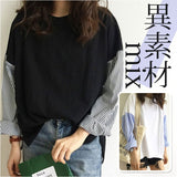 トップス レディース 長袖 通販 カットソー Tシャツ シャツ ブラウス プルオーバー 切り替え 異素材 春 ラウンドネック カジュアル きれいめ 重ね着風 レイヤード風 ドッキング ゆったり