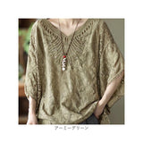 レース トップス 半袖 通販 ブラウス レディース 刺繍ブラウス Tシャツ プルオーバー ゆったり 春夏 刺繍 ドルマン 春 可愛い 夏 体型カバー 大きいサイズ 綿 コットン ボリューム袖