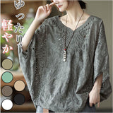 レース トップス 半袖 通販 ブラウス レディース 刺繍ブラウス Tシャツ プルオーバー ゆったり 春夏 刺繍 ドルマン 春 可愛い 夏 体型カバー 大きいサイズ 綿 コットン ボリューム袖