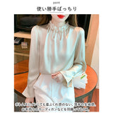 ブラウス オフィス 長袖 通販 サテン シャツ プルオーバー フリル袖 フリル ビジュー 襟 レディース スタンドカラー おしゃれ きれいめ 上品 フォーマル シンプル 入学式 卒業式