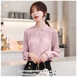 ブラウス オフィス 長袖 通販 サテン シャツ プルオーバー レディース スタンドカラー おしゃれ きれいめ 上品 フォーマル シンプル ビジネス 入園式 卒園式 入学式 卒業式