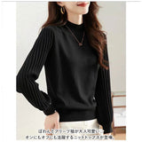 ハイネック ニット 秋冬 レディース 通販 セーター ハーフタートルネック 薄手 秋 冬 薄い 長袖 プリーツ 袖 パフスリーブ ボリュームスリーブ 袖コンシャス おしゃれ シンプル 大人