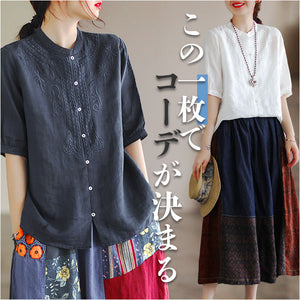 チュニック ブラウス 半袖 通販 半袖シャツ トップス シャツ シャツブラウス リネンシャツ 綿麻 春 夏 刺繍 スタンドカラー ボタン 前開き 通気性 吸湿 通勤 通学 シンプル 無地 上品
