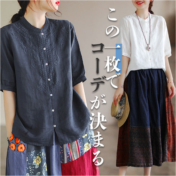 チュニック ブラウス 半袖 通販 半袖シャツ トップス シャツ シャツブラウス リネンシャツ 綿麻 春 夏 刺繍 スタンドカラー ボタン 前開き 通気性 吸湿 通勤 通学 シンプル 無地 上品