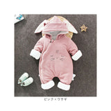 ベビー カバーオール 通販 ロンパース ジャンプスーツ 長袖 ベビー服 子供服 つなぎ 綿入り あったか 赤ちゃん 女の子 男の子 アウター 防寒 寒さ対策 耳付き フード付き ジップアップ