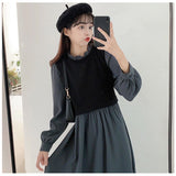 ワンピース レディース 長袖 通販 ワンピ ミモレ丈 ロング フレア レイヤード風 リボン 伸縮性 バイカラー 配色カラー ハイウエスト フリルネック きれいめ 上品 通勤 通学 お出かけ