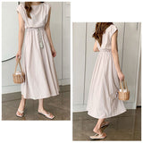 ワンピース ノースリーブ レディース 通販 ワンピ ラウンドネック ミドル丈 リボン コットン 無地 綿 ひも 紐 シンプル カジュアル 通学 通勤 かわいい おしゃれ