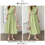 ワンピース ノースリーブ レディース 通販 ワンピ ラウンドネック ミドル丈 リボン コットン 無地 綿 ひも 紐 シンプル カジュアル 通学 通勤 かわいい おしゃれ