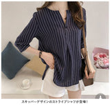 ブラウス 七分袖 レディース 通販 シャツ シャツブラウス レディースシャツ ポリエステル v ネック ワンボタン ストライプ ゆったり 体型カバー 大きいサイズ カジュアル シンプル 通勤