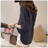 ブラウス 七分袖 レディース 通販 シャツ シャツブラウス レディースシャツ ポリエステル v ネック ワンボタン ストライプ ゆったり 体型カバー 大きいサイズ カジュアル シンプル 通勤