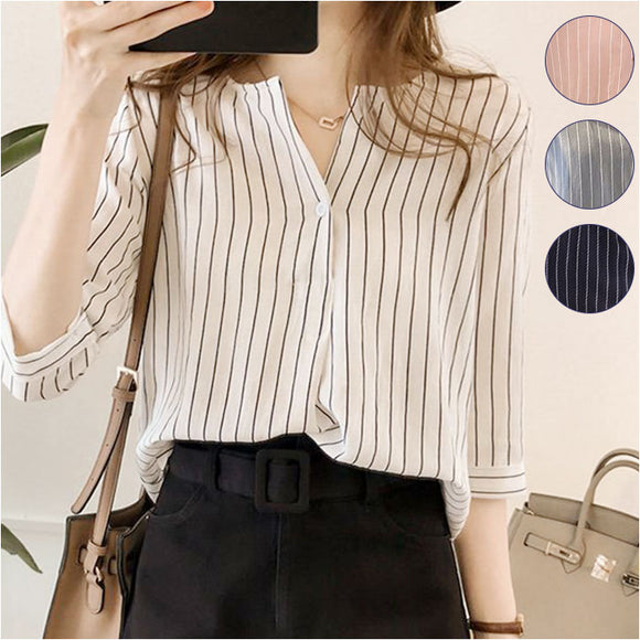 ブラウス 七分袖 レディース 通販 シャツ シャツブラウス レディースシャツ ポリエステル v ネック ワンボタン ストライプ ゆったり 体型カバー 大きいサイズ カジュアル シンプル 通勤