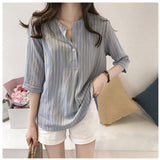 ブラウス 七分袖 レディース 通販 シャツ シャツブラウス レディースシャツ ポリエステル v ネック ワンボタン ストライプ ゆったり 体型カバー 大きいサイズ カジュアル シンプル 通勤