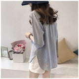 ブラウス 七分袖 レディース 通販 シャツ シャツブラウス レディースシャツ ポリエステル v ネック ワンボタン ストライプ ゆったり 体型カバー 大きいサイズ カジュアル シンプル 通勤