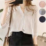ブラウス 七分袖 レディース 通販 シャツ シャツブラウス レディースシャツ ポリエステル v ネック ワンボタン ストライプ ゆったり 体型カバー 大きいサイズ カジュアル シンプル 通勤