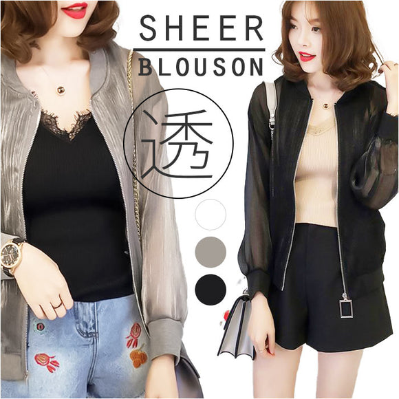 シアー ブルゾン 通販 アウター ジャケット 羽織 羽織り 上着 長袖 ジャンパー ゆったり ショート丈 通勤 通学 透け感 光沢感 冷房対策 カジュアル 春 夏 秋 上品 きれいめ エレガント