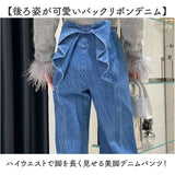 バックリボンデニムパンツ 通販 バックリボン デニム ジーンズ ジーパン ロングパンツ 美脚 パンツ 長ズボン ボトムス 春 夏 秋 冬 リボン 可愛い レディース お出かけ ガーリー