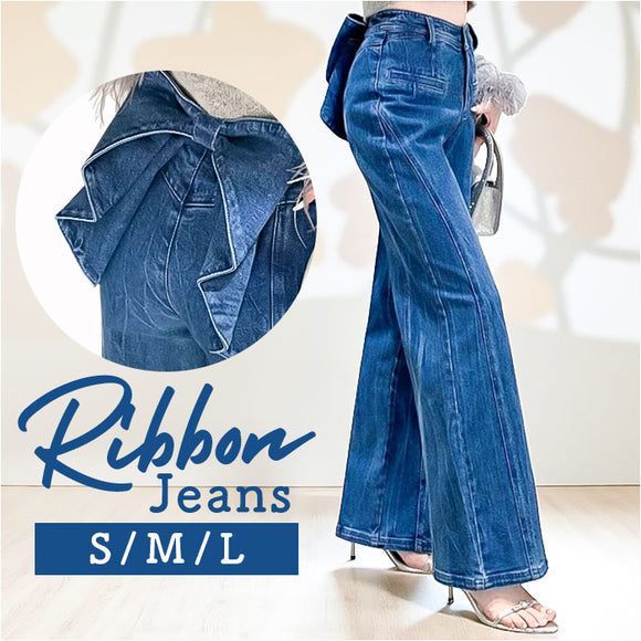 バックリボンデニムパンツ 通販 バックリボン デニム ジーンズ ジーパン ロングパンツ 美脚 パンツ 長ズボン ボトムス 春 夏 秋 冬 リボン 可愛い レディース お出かけ ガーリー