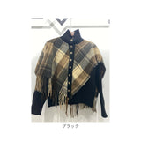 ニットカーディガン レディース おしゃれ 通販 ニット カーディガン 重ね着 カーデ 羽織り 羽織 チェック チェック柄 ボタン ハイネック タッセル ショール フェイクツーピース 長袖 春