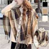 ニットカーディガン レディース おしゃれ 通販 ニット カーディガン 重ね着 カーデ 羽織り 羽織 チェック チェック柄 ボタン ハイネック タッセル ショール フェイクツーピース 長袖 春