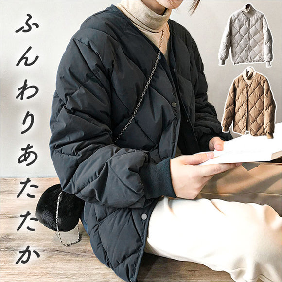 キルティングジャケット レディース ショート ミドル 通販 キルティング ジャケット 羽織 羽織り 上着 ダウンジャケット アウター ノーカラー 中綿 ダウン 防寒 体型カバー ゆったり