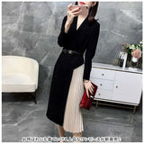 ワンピース レディース 膝下 膝丈 通販 ワンピ ドレス プリーツスカート ハイウエスト 長袖 Vネック きれいめ エレガント 上品 シンプル 無地 春 秋 春物 秋物 お呼ばれ 通勤 婦人服