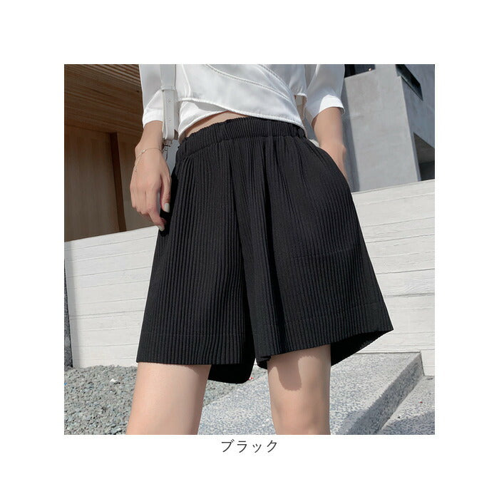 プリーツパンツ ハーフ丈 通販 ショートパンツ 半ズボン ハーフパンツ イージーパンツ ショーパン ボトムス レディース ウエストゴム 軽やか 5分丈 ポケット付き カジュアル シンプル