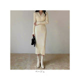 ニットワンピース 長袖 通販 ロング ワンピース ニットワンピ タイトワンピース リブニットワンピ vネック タイト きれいめ フェミニン おしゃれ オシャレ シンプル カジュアル