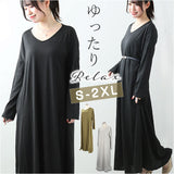 ロングワンピース 長袖 通販 マキシワンピース Tシャツワンピース ワンピース ワンピ ロング マキシ丈 レディース ポリエステル Vネック ゆったり ルームウェア シンプル 無地 カジュアル