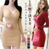 ニットワンピース タイト リブ 長袖 通販 リブニット ワンピース ミニ ミニ丈 ミニワンピ ミニワンピース ミニタイト ニット ワンピ リブ編み Vネック ミニスカート ニットドレス