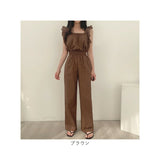 パンツドレス オールインワン レディース 通販 ジャンプスーツ ロンパース つなぎ ワイドパンツ パンツ ズボン ロングパンツ ハイウエスト スクエアネック フリル袖 フリル ノースリーブ