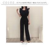 パンツドレス オールインワン レディース 通販 ジャンプスーツ ロンパース つなぎ ワイドパンツ パンツ ズボン ロングパンツ ハイウエスト スクエアネック フリル袖 フリル ノースリーブ