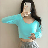 Tシャツ 長袖 レディース ショート丈 通販 長袖Tシャツ 長袖tシャツ tシャツ シャツ Uネック カットソー レディースカットソー レディースTシャツ 長袖カットソー ショート ミニ丈