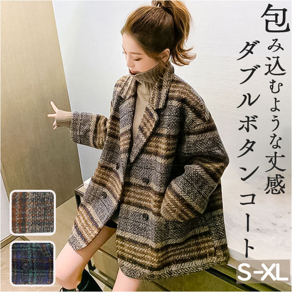 ショートコート レディース 冬 通販 Pコート ピーコート アウター コート ジャケット 上着 ラシャコート ダブル チェック 防寒 暖かい きれいめ おしゃれ 羽織 長袖 スーツオーバー