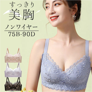 ブラジャー 着痩せ ノンワイヤー 3/4カップ 通販 ブラ ノンワイヤーブラ ワイヤレス 下着 アンダーウェア 柔らかい やわらかい リボン レース 通気性 薄い コンパクト かわいい インナー