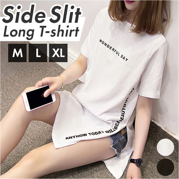 Tシャツ 半袖 レディース ロング丈 通販 ロゴTシャツ 半袖Tシャツ 半袖tシャツ tシャツ シャツ カットソー ロングシャツ レディースカットソー サイドスリット ロゴ ロング ベーシック