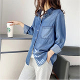 デニムシャツ レディース 通販 シャツ おしゃれ デニム トップス 長袖 カジュアル 襟付き カジュアルシャツ 春 秋 ダンガリーシャツ 無地 ブルー シンプル ブラウス 長袖シャツ 長そで