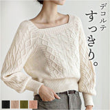 ニット レディース 長袖 通販 スクエアネック セーター ニットセーター プルオーバー トップス 冬 秋冬 ケーブルニット ショート丈 ボリューム袖 ぽわん袖 可愛い おしゃれ かわいい