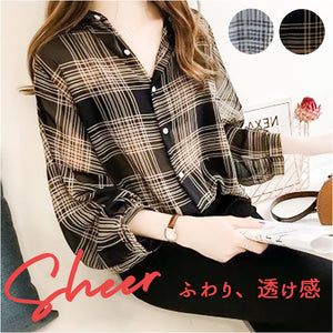 薄手 長袖 シャツ レディース 通販 ブラウス シャツブラウス トップス シアーシャツ 柄 チェックシャツ 柄シャツ 襟付き シアーブラウス 羽織り おしゃれ 春 夏 秋 大人 かわいい