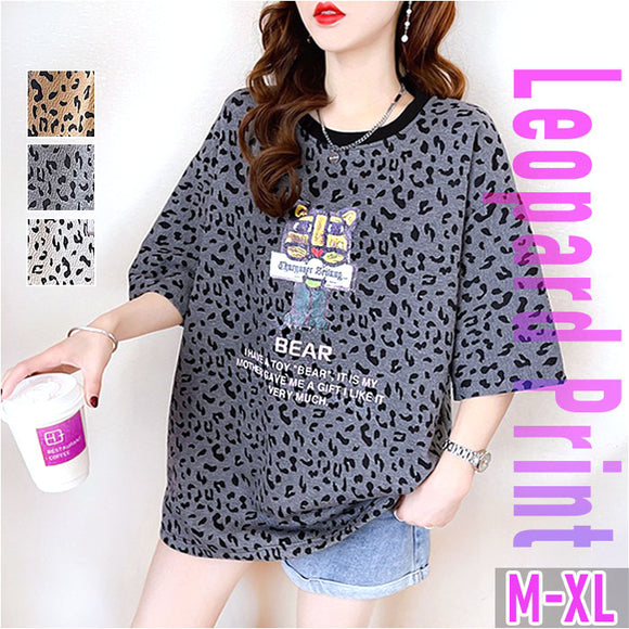 Tシャツ 半袖 レディース 通販 トップス カットソー おしゃれ ゆったり ビッグシルエット リラックス オーバーサイズ かわいい レオパード ヒョウ ヒョウ柄 プルオーバー