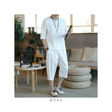 メンズ セットアップ 夏用 通販 半袖シャツ 半袖 五分袖 Tシャツ 七分丈 パンツ ズボン 春夏 トップス 上下セット 綿麻 リネン 涼しい サルエルパンツ ゆったり 無地 カジュアル シンプル