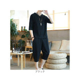 メンズ セットアップ 夏用 通販 半袖シャツ 半袖 五分袖 Tシャツ 七分丈 パンツ ズボン 春夏 トップス 上下セット 綿麻 リネン 涼しい サルエルパンツ ゆったり 無地 カジュアル シンプル