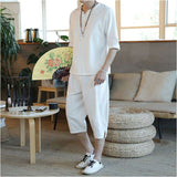 メンズ セットアップ 夏用 通販 半袖シャツ 半袖 五分袖 Tシャツ 七分丈 パンツ ズボン 春夏 トップス 上下セット 綿麻 リネン 涼しい サルエルパンツ ゆったり 無地 カジュアル シンプル