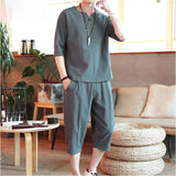 メンズ セットアップ 夏用 通販 半袖シャツ 半袖 五分袖 Tシャツ 七分丈 パンツ ズボン 春夏 トップス 上下セット 綿麻 リネン 涼しい サルエルパンツ ゆったり 無地 カジュアル シンプル