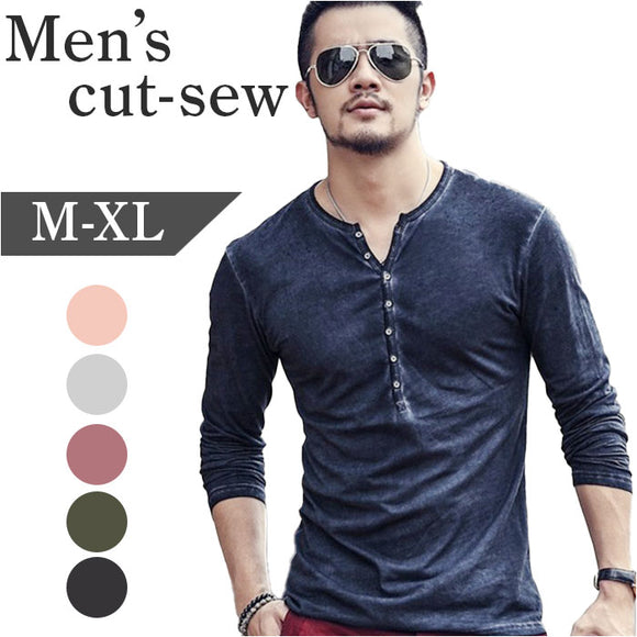 長袖 Tシャツ メンズ 通販 カットソー トップス ロンT ロング プルオーバー ティーシャツ シャツ ヘンリーネック コットン 綿 シンプル 無地 ビンテージ風 重ね着 カジュアル 柔らかい