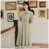 ワンピース レディース 春 通販 半袖 フレアワンピース パフスリーブ ギャザーワンピース 膝下 ミディアム ドレス リボン ボウタイ フリル ミモレ丈 春夏 ひざ下丈 かわいい 可愛い