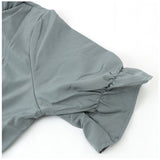 ワンピース レディース 春 通販 半袖 フレアワンピース パフスリーブ ギャザーワンピース 膝下 ミディアム ドレス リボン ボウタイ フリル ミモレ丈 春夏 ひざ下丈 かわいい 可愛い