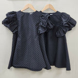 フリル 袖 トップス レディース 通販 カットソー フリルトップス プルオーバー シャツ フリル袖 半袖トップスレディース 半袖トップス フレアライン ドット 水玉 かわいい 可愛い