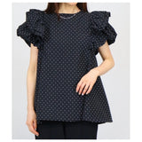 フリル 袖 トップス レディース 通販 カットソー フリルトップス プルオーバー シャツ フリル袖 半袖トップスレディース 半袖トップス フレアライン ドット 水玉 かわいい 可愛い